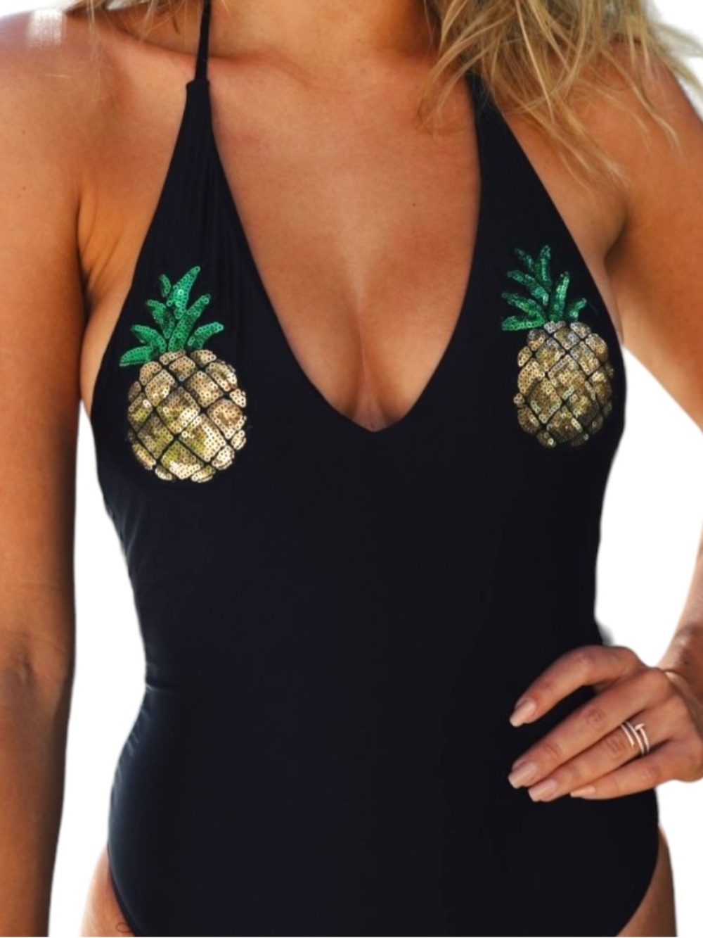 New Gold Pineapple Sequin Black One Piece unique fun party Swimsuit by New Look